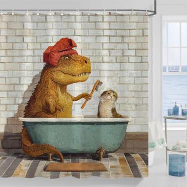 Imagem de Lunerfex Conjunto de cortina de chuveiro de dinossauro estilo clássico arte impermeável cortina de chuveiro de banheiro pré-histórico peculiar impressão exclusiva para casa decoração de casa 182 x 182