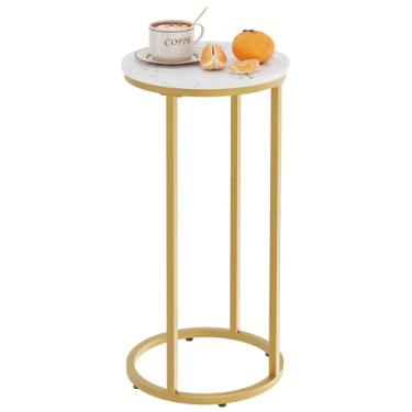 Imagem de Katrawu Mesa de canto em forma de C, mesa lateral redonda de madeira para sofá, pequena mesa de sofá com moldura de metal para quarto, sala de estar, cabeceira, cor dourada (30 cm P x 30 cm L x 60 cm