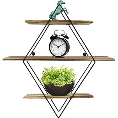 Imagem de Greenco Prateleiras de parede de madeira rústica flutuantes em formato de diamante geométrico para quarto, sala de estar, banheiro, cozinha, escritório, etc., natural