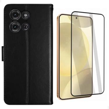 Imagem de [GL CASES] Capa G15 Capinha Moto G15 Carteira Flip Couro Sintético Com Suporte De Mesa Para Celular Porta Cartão + Película Vidro 3D Motorola Moto G15 Para Tela Cobertura Total Da Tela