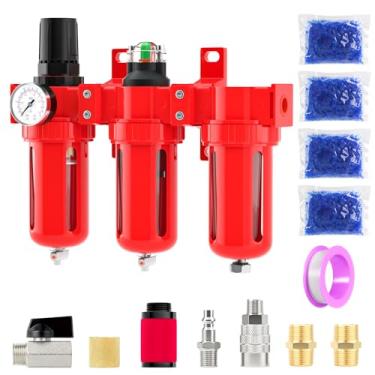 Imagem de BOGERDACK Sistema de secagem a ar de três estágios de grau industrial, 0-150 PSI, NPT de 3/8 polegadas, liga de alumínio, com filtro de partículas, filtro coalescente, secador dessecante e regulador