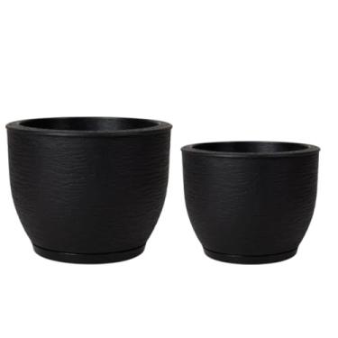 Imagem de Jogo de 2 vasos para plantas e flores redondos em polietileno jateado de 20 e 30 litros com prato coletor (Preto)