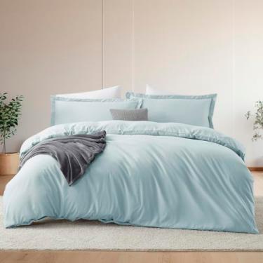 Imagem de Hearth & Harbor Conjunto de capa de edredom e lençol de cama queen size azul claro, conjunto de cama com 7 peças, macio escovado, inclui capa de edredom, lençol de cima, lençol com elástico, fronhas e