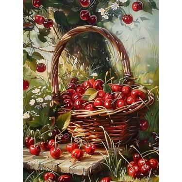 Imagem de YL Mainland Kits de pintura de diamante 5D para adultos, cesta de cerejas no gramado, kit de arte de diamante, faça você mesmo, broca redonda completa de frutas com diamantes, arte ajuda a aliviar o