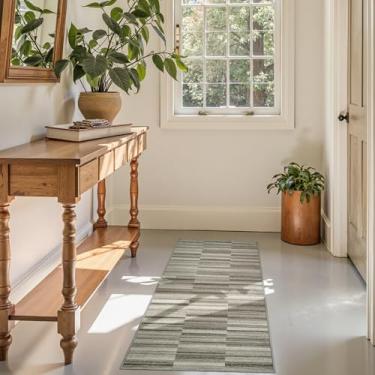Imagem de jinchan Corredor de corredor 2x6 geométrico, ultrafino, lavável à máquina, antiderrapante, leve, moderno, listrado, tapete abstrato para quarto, cozinha, chão, sala de estar, cinza-acastanhado