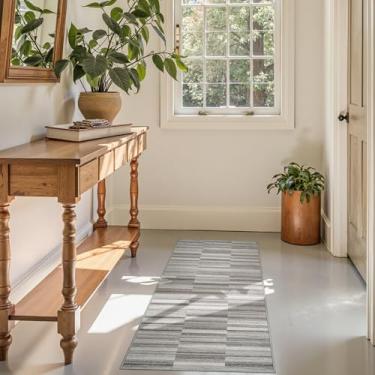 Imagem de jinchan Hallway Runner Tapete geométrico ultrafino lavável à máquina cinza antiderrapante leve moderno listrado tapete abstrato para quarto, cozinha, chão, sala de estar, cinza