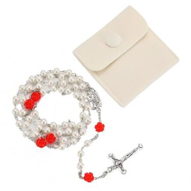 Imagem de Compra de contas de oração de vidro, contas de oração de rosas católicas, colares de pérolas soltas católicas e o presente de confirmação da primeira comunhão na cruz de Jesus Cristo, bem como bolsas