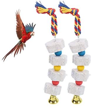 Imagem de 2 unidades de brinquedos para mastigar pássaros, pedra de cálcio para moagem de bico de papagaio com sinos, acessórios de gaiola para hamster chinchila coelho calopsita conure