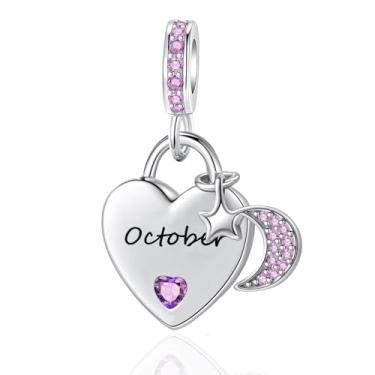Imagem de QeenseKc Pingente de lua e estrela com pingente de coração com pedra do mês de nascimento de outubro compatível com pulseira Pandora feminina
