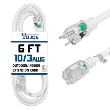 Imagem de YOJOE Cabo de extensão para ambientes internos e externos com extremidade iluminada, cabo de alimentação à prova de intempéries de 3 pinos 15A, calibre 10, cabo de extensão branco de 1,8 m para