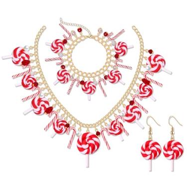 Imagem de ZITULRY Conjunto de joias de bengala doce pirulito novidade colorido bengala doce colar pingente de pirulito pulseira da amizade brincos pendurados divertidos aniversário Halloween Natal feriado festa