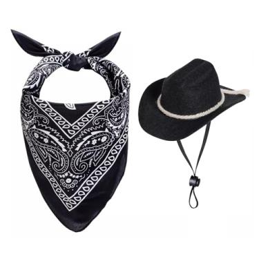 Imagem de Qiansail 2 peças de chapéu de cowboy para cães, fantasia de cowboy de Dia das Bruxas com lenço bandana clássico, acessórios para cosplay e festa de Natal (preto)