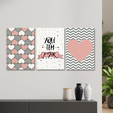Imagem de Quadros Decorativos Sala Frase Aqui Tem Amor Kit 3 Placas