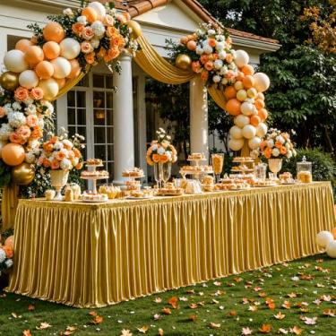 Imagem de Wish Care Saia de mesa dourada de cetim de 4,3 m para mesas retangulares, sem rugas, com glitter, toalha de mesa plissada com babados para casamento, aniversário, formatura, coquetel, buffet