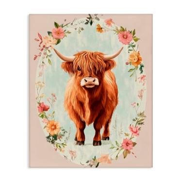 Imagem de Stupell Industries Design de arte de parede em tela de vaca com borda de flor de pêssego por Petal Prints Design, 76 x 61 cm