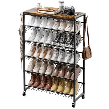 Imagem de UNITSTAGE Sapateira vertical giratória de 6 níveis, organizador de armazenamento de sapatos de madeira com ganchos, prateleira de sapato estreita de metal resistente para 18 a 24 pares, organizador