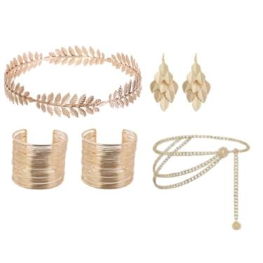 Imagem de Hinly Conjunto de 5 peças de joias de noiva deusa grega para mulheres, coroa de folha, faixa de cabeça, braço, brincos de casamento Toga Cosplay, Crown size about 7.08 X 7.08 x 1.18 inches
