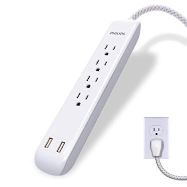 Imagem de Philips Protetor contra surtos de 4 tomadas com 2 portas USB, cabo de alimentação de 1,2 m, cabo de extensão trançado de designer, cabo de extensão de plugue plano, 720 joules, branco, SPC6244WC/37