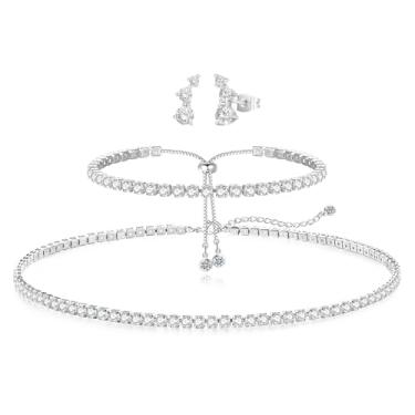 Imagem de Luxval Conjunto de colar de tênis para mulheres de prata esterlina e conjuntos de brincos brincos de diamante pulseiras de tênis joias de casamento para noiva conjuntos de joias de prata para presente