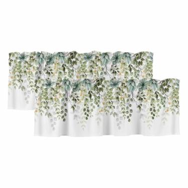 Imagem de Pacote com 2 cortinas de sanefa para cozinha, janelas, folhas de eucalipto, verde sálvia, cortina com bolso para varão, planta campestre pequena para quarto, sala de estar, banheiro, 137 x 45 cm