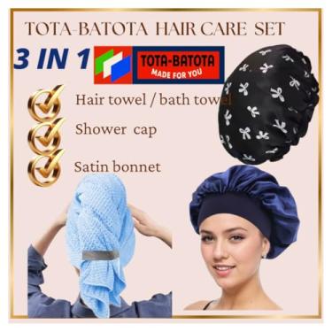 Imagem de TOTA-BATOTA Conjunto de cuidados com o cabelo 3 em 1 – envoltório de toalha de cabelo de microfibra, touca de banho à prova d'água e gorro de cetim super absorvente | Antifrizz | Secagem sem calor |