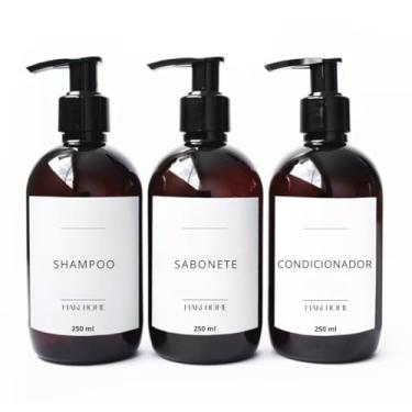 Imagem de Frasco Pet Âmbar 3pçs Dispenser Para Shampoo Sabonete e Condicionador 250ml Etiqueta Branca Inclusa