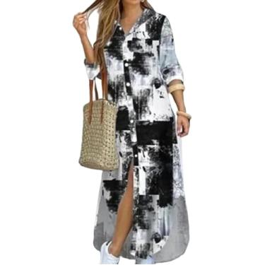 Imagem de Vestidos Maxi Femininos Casuais Com Gola De Lapela Estampada Floral Fenda Lateral Mangas Compridas Soltas Camisa Vestido, A Print, XXL