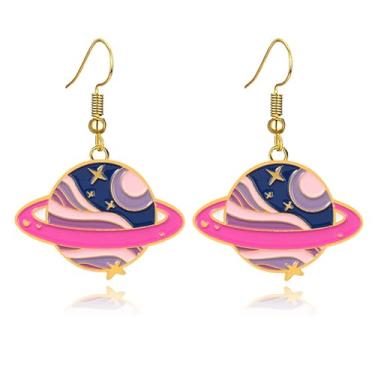 Imagem de MALOYANVE Brincos pendentes femininos personalizados Planeta joia tom azul Saturno, Medium, Zinco, Sem pedra preciosa