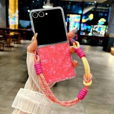 Imagem de Capa para Galaxy Z Flip6 com estampa de concha rígida de PC, alça de pulso fina, proteção contra quedas (para Galaxy Z Flip6/Vermelho Rosa)