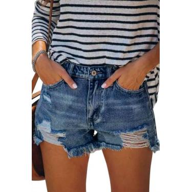 Imagem de Shorts jeans MODARANI Cut Off, jeans rasgados, cintura alta, azul, GG