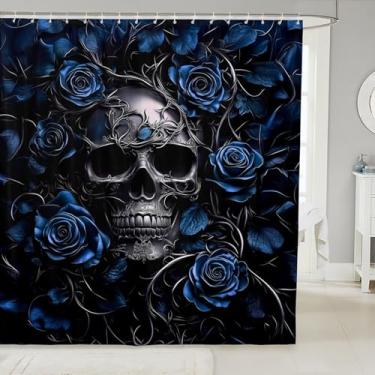 Imagem de Erosebridal Cortina de chuveiro de caveira de açúcar, conjunto de cortina de banheiro floral rosa azul-petróleo para crianças e adultos, cortina de chuveiro de tecido esqueleto gótico, cortinas de