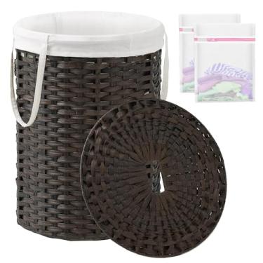 Imagem de SETVSON Cesto de roupa suja com tampa, cesto de roupa suja redondo de vime com tampa e alças 110 L, cesta tecida à mão com sacos removíveis e 2 sacos de malha para banheiro, sala de estar, marrom