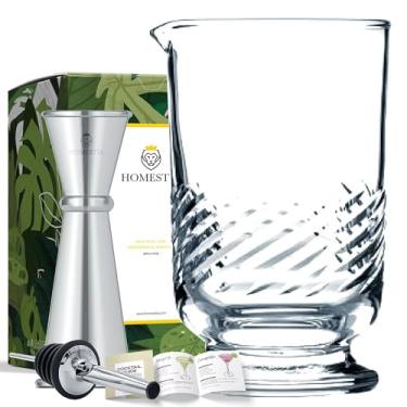 Imagem de Homestia Copo de mistura de cristal para coquetéis – Vidro antigo pesado de 623 g – Jarra de cristal para coquetel com mixologia essencial de barman com jigger duplo e ferramentas de barra (3 peças)