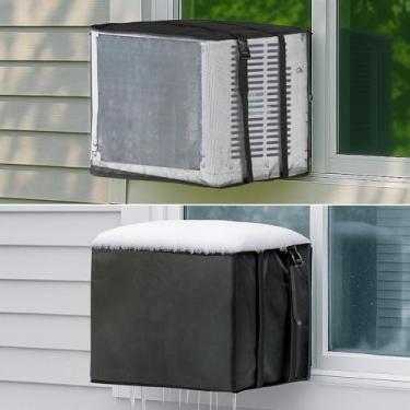 Imagem de Enhon 2 peças de capa de ar condicionado de malha, condicionador de ar de malha de janela, capa de ar condicionado externo de tecido Oxford preto com alças duplas para proteção externa da unidade AC