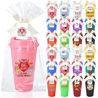 Imagem de Skylety 24 conjuntos de presentes de Natal para professores a granel 473 g copos multicoloridos para agradecimento de professores copo com tampas caneca de café de plástico reutilizável com cartão de