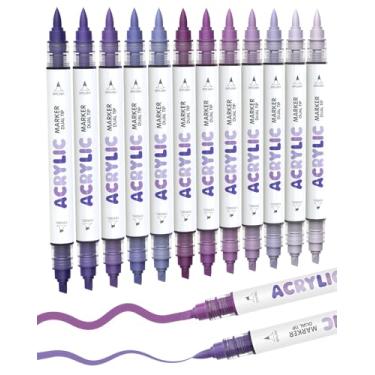 Imagem de Guangna Marcadores de tinta acrílica de ponta dupla de 12 cores, canetas de tinta acrílica roxa com ponta de pincel para pintura rupestre, madeira, vidro, papel, livro de colorir, cerâmica, tela