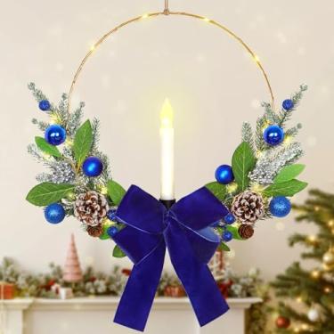 Imagem de TOCHGREEN Guirlanda de Natal com velas cônicas para porta da frente, guirlandas artificiais de Natal com laço grande e frutas vermelhas para decoração de quinta, Natal, varanda, lareira e janela (azul