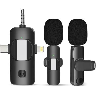 Imagem de Microfone de lapela sem fio, 2 peças, microfone de lapela para iPhone Android, câmera, plug-play, clipe de gravação profissional com redução de ruído para entrevista com criadores no YouTube