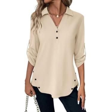 Imagem de Túnica feminina TICTICMISS, manga 3/4, decote em V, bege