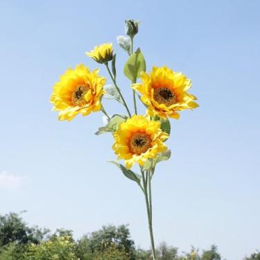 Imagem de 6 peças 5 cabeças de girassol flocado flor artificial planta falsa para decoração de casa casamento quarto jardim mesa ao ar livre escritório decoração