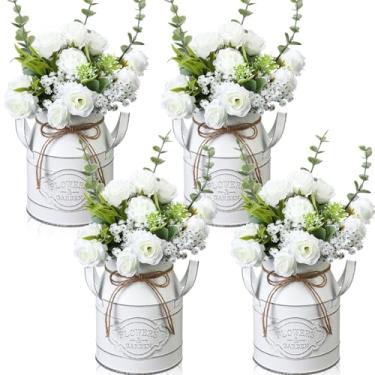 Imagem de LemonRoad 4 conjuntos de vasos de flores vintage para mesa de centro de mesa, rosa artificial, respiração de bebê, folhas de eucalipto, vaso de metal rústico com alça para decoração de chá de panela