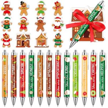 Imagem de Engrowtic Conjunto de 24 lembrancinhas de Natal, notas adesivas de pão de gengibre de Natal com fitas esferográficas, Papai Noel, elfos, alces, canetas esferográficas inspiradoras, presente de Natal