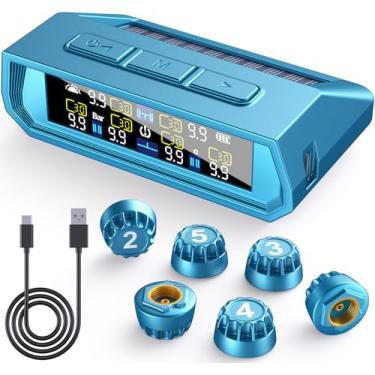 Imagem de EKNBKE 【 】 Sistema de monitoramento de pressão de pneu RV, 0-9,9 BAR, sistema de monitor de pressão de pneu de 144 PSI com carga solar, TPMS com 6 sensores e 6 modos de alarme, LCD colorido para