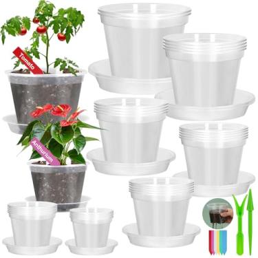 Imagem de 30 potes de plástico transparente para berçário com orifícios de drenagem e pires, vasos iniciais de mudas de 2,8/3,1/3,5/3,9/5,1/5,9/7,1 polegadas com ferramenta para transplante de flores de