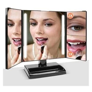 Imagem de AKALNNB Espelho de maquiagem com três dobras, espelho iluminado/espelho de maquiagem iluminado por LED, ampliação de 2 x 3x, espelho cosmético iluminado com LED