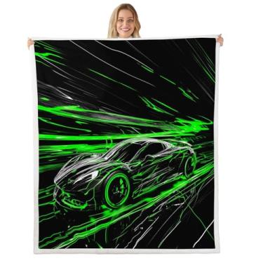 Imagem de Cobertor de lã infantil para carro de corrida, verde neon para adultos, tema esportivo, listras geométricas, leve, poliéster, sherpa, Queen (224 x 224 cm)