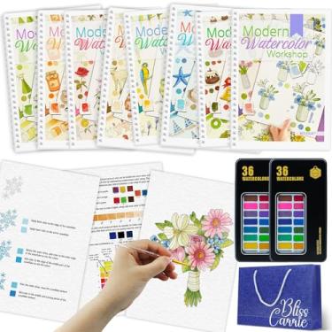 Imagem de 8 peças, livro de colorir de água com 96 padrões, livros de aquarela para iniciantes com 2 peças, 36 cores de tinta - outono, Natal, pássaro, buquê, flor, beira-mar, jardim e animais