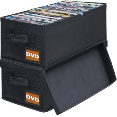 Imagem de Salajory Caixas de armazenamento de DVD – Pacote com 2 organizadores de DVD – 39,9 cm x 20,1 cm x 14,5 cm, comporta 50 DVDs completos | 100 DVDs Slim Discs, Desktop ou Closet DVD Organizer pode
