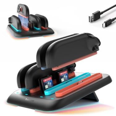Imagem de TRANSNOVO Estação de carregamento de controle para Nintendo Switch 2, base de carregamento com 4 compartimentos com 4 cartões de jogo, indicadores LED, 9 modos ambiente RGB, suporte integrado para