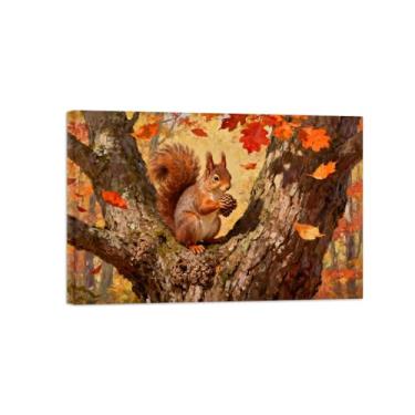 Imagem de Quadro parede outono-Esquilo-árvore Impressões em tela paisagens-Pintura animais para decoração sala estar 20x30cm Tela Embrulhada